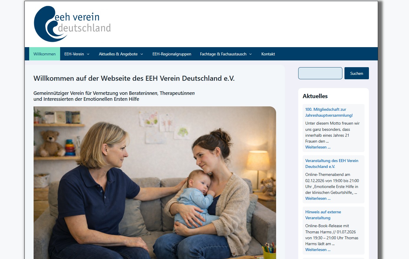 Screenshot der Webseite des EEH Verein Deutschland e.V. mit Navigation, Informationsbereichen und großem Titelbild einer Beratungssituation mit Mutter, Baby und Beraterin.